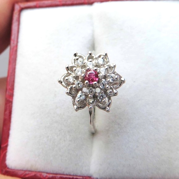 Blossoming Lotus Flower Natural Ruby White Zircons Sterling Silver Ring Sz 6.75 - Picture 8 of 8
